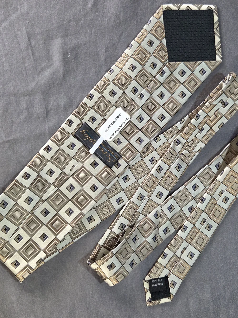 Screenplay by Martin Wong Silk Necktie Mens Geo Square Pattern Gold Tan NWT